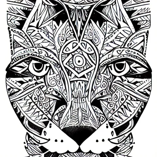 Prompt: tattoo sketch, cat, { { without eye } }, draft, polinesian ornament, line art, vector