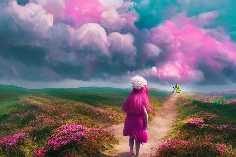 Prompt: giant dahlia flower crown head, girl walking, on mountain, surreal photography, pink storm clouds, dramatic light, impressionist painting, digital painting, artstation, simon stalenhag