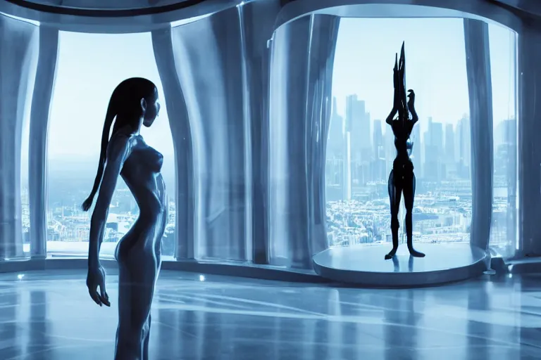 Image similar to vfx movie scene closeup portrait of beautiful blue skin skimpy alien woman dancing in sleek futuristic decadent spaceship pillars, futuristic ballroom. giant windows view of earth obit. by emmanuel lubezki