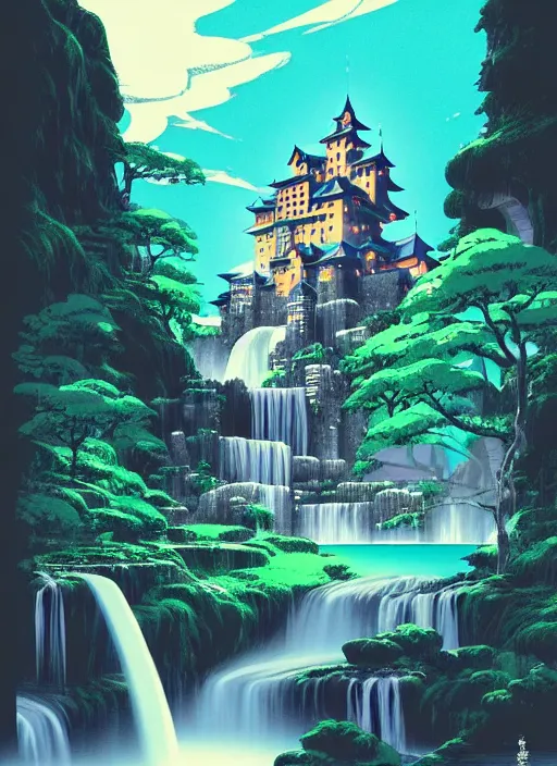 Image similar to magical castle, waterfall, river, nighttime, scenery wallpaper aesthetic, anime style, beautiful, cinematic, dramatic, super detailed and intricate, hyper realistic, by satoshi kon, by koson ohara, by darwyn cooke