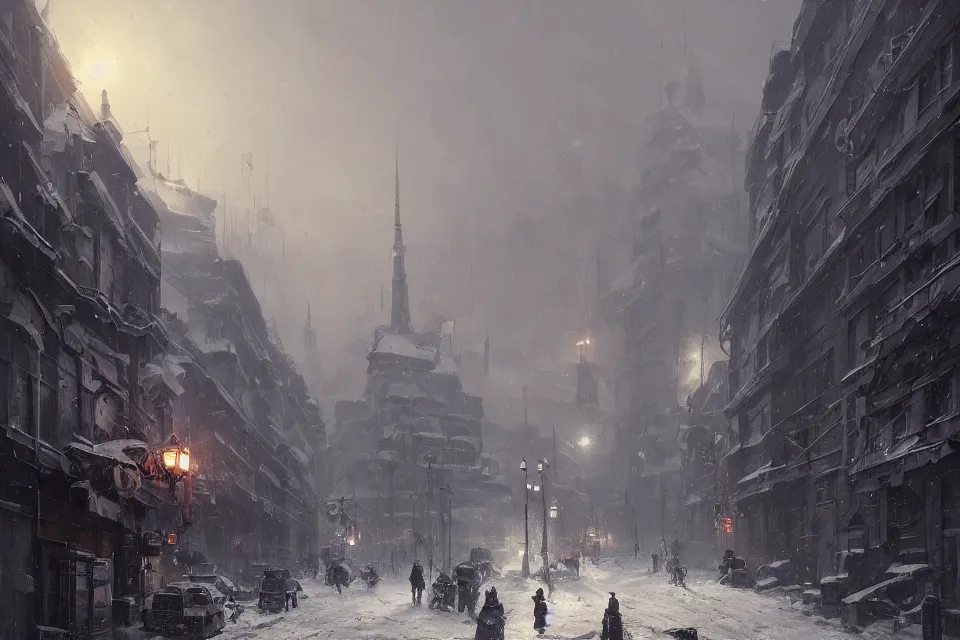 Image similar to highly detailed painting of dieselpunk stockholm, winter, snow, dystopia, by greg rutkowski, by raphael lacoste, 4 k resolution, trending on artstation