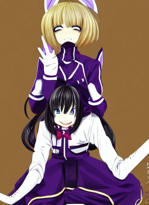 Image similar to anime, genshin impact, a female sitting while her legs are pointing to the sky, she's wearing a very high leather boots with a much longer royal white socks, wearing a red matte long sleeves that are very loose at each end, she's wearing a very short dark matte violet skirt, golden jewelries, pointy bunny ears, 4 white tails with a red him at each end, very detailed beautiful face, smiling seductively, trending on Artstation, art by ZeargeanT