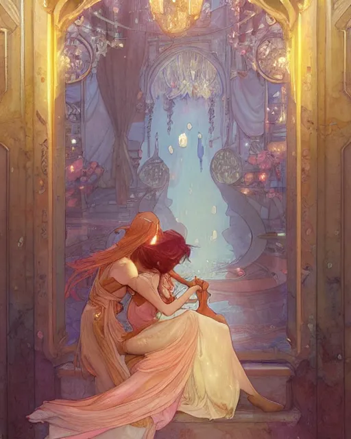 Image similar to secret romance, highly detailed, gold filigree, romantic storybook fantasy, soft cinematic lighting, award, disney concept art watercolor illustration by mandy jurgens and alphonse mucha and alena aenami, pastel color palette, featured on artstation