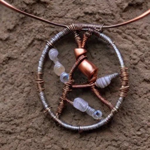 Prompt: a beautiful amulet made from sand and dirt, with copper wire details