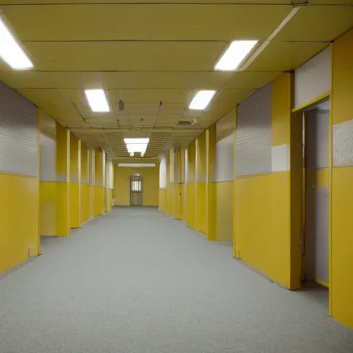 Prompt: Backrooms, old moist carpet, mono-yellow, fluorescent lights, randomly segmented rooms, creepy