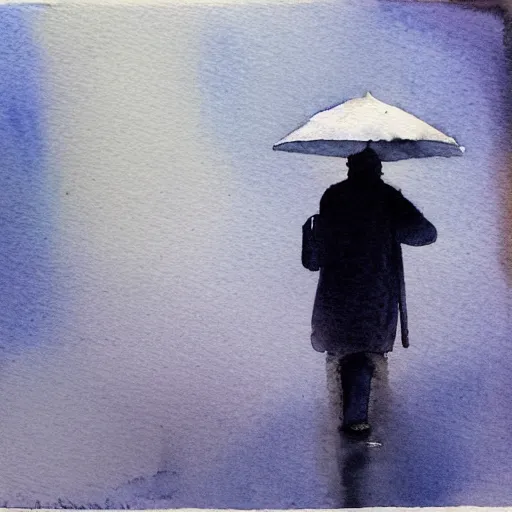 Image similar to a watercolor painting night watchman walking on a rainy night