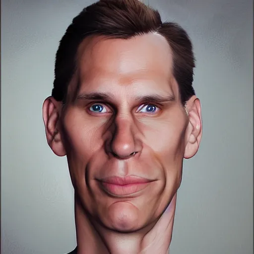 Image similar to Caricature portraits done of Jerma realistic, hyperrealistic, very realistic, highly detailed, very detailed, extremely detailed, detailed, oil painting, digital art, trending on artstation