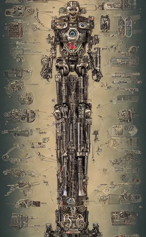 Prompt: anatomy of the terminator, robot, cyborg, t100, diagrams, mystical, intricate ornamental tower floral flourishes, technology meets fantasy, map, infographic, concept art, art station, style of wes anderson