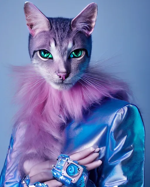 Prompt: natural light, soft focus portrait of a cyberpunk anthropomorphic cat with soft synthetic pink skin, blue bioluminescent plastics, smooth shiny metal, elaborate ornate head piece, piercings, skin textures, by annie leibovitz, paul lehr