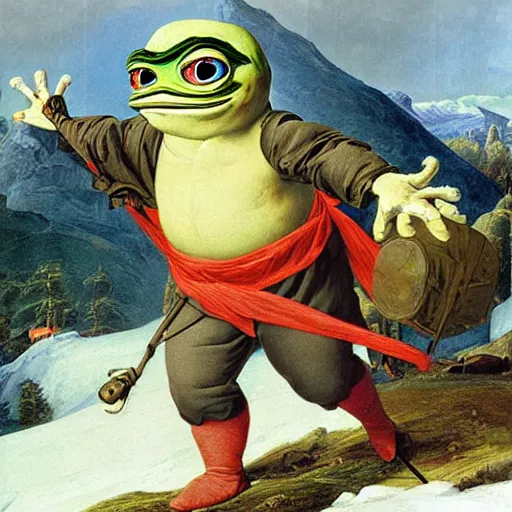 Image similar to Pepe the frog Crossing the Alps by Jacques-Louis David