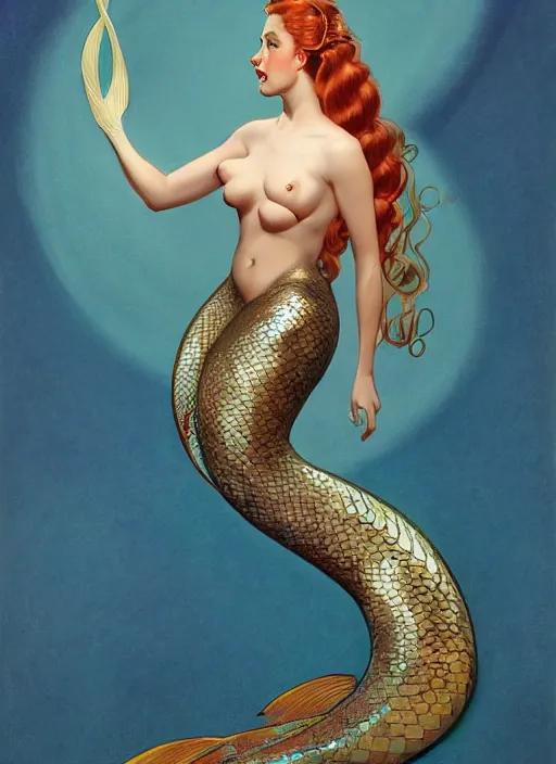 Prompt: Portrait, body centered, pinup shot and pose, dark sultry beautiful mermaid with long flowing hair, iridescent scales on her body, fish tail, by j.c. Leyendecker, Brom, face by Otto Schmidt