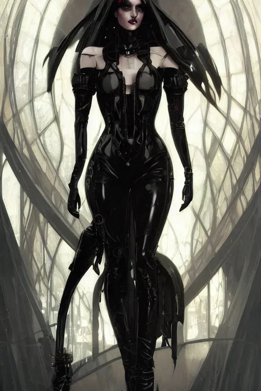 Image similar to Beautiful pale cyberpunk gothic girl in black latex intricate, elegant, highly detailed, digital painting, artstation, concept art, smooth, sharp focus, illustration, art by artgerm and greg rutkowski and alphonse mucha