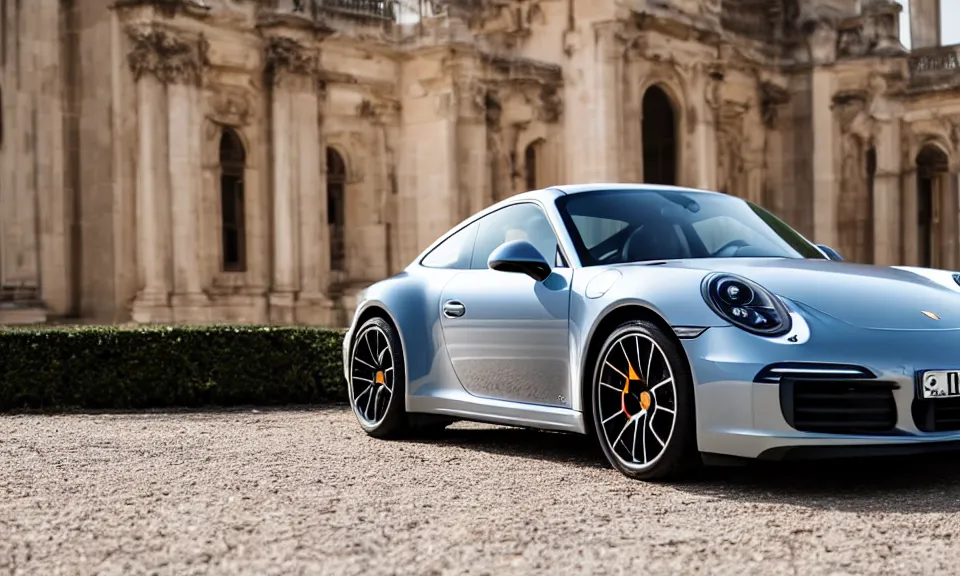 Prompt: closeup photo of a porsche 911 standing in a beautiful palace, dof, chromatic aberration