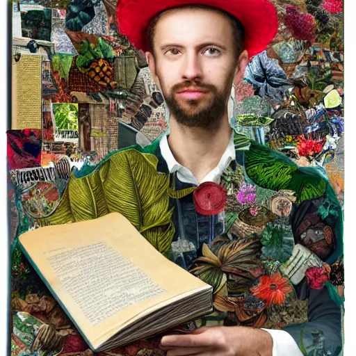 Prompt: HD 8x hyperdetailed mixed media collage portrait of a man with a maximalist hat made of plants, reading a book to a child