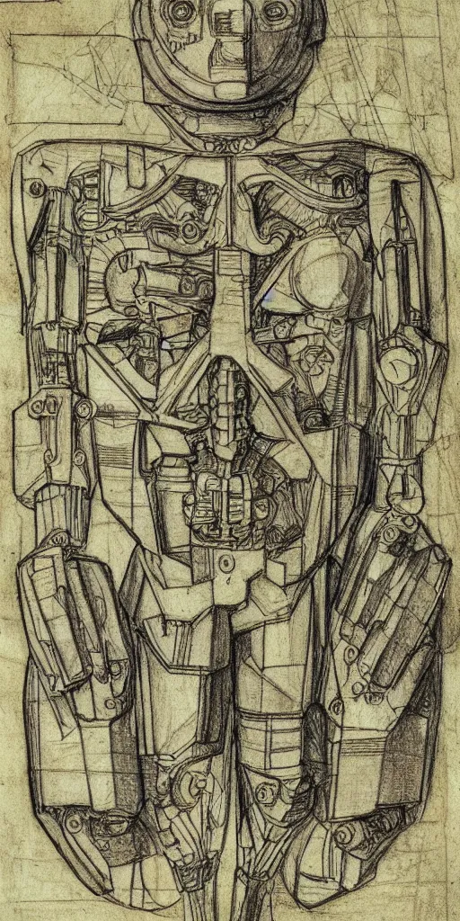 Image similar to humanoid machine sketch by Leonardo da Vinci, sketchbook, highly detailed, symmetrical