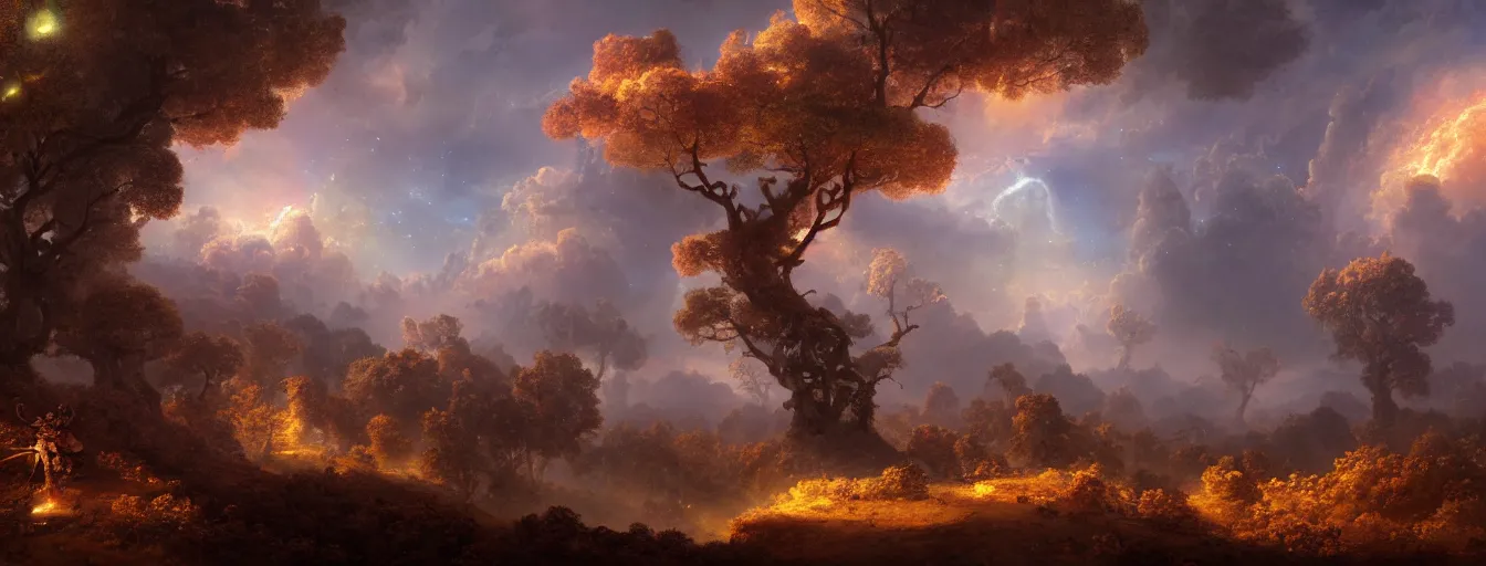 Prompt: a beautiful landscape painting of steampunk landscape, a junk nebula in the sky, galaxies visible, giant trees and colourful flowers, by jean - honore fragonard and don bluth and makoto shinkai, light rays, trending on artstation, octane render