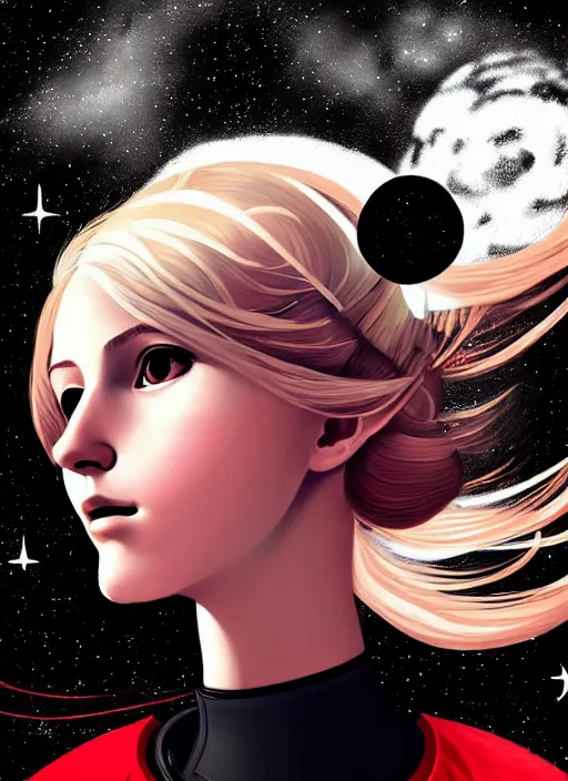 Prompt: highly detailed portrait of a hopeful pretty astronaut lady with a wavy blonde hair, by Fabio Hurtado, 4k resolution, nier:automata inspired, bravely default inspired, vibrant but dreary but upflifting red, black and white color scheme!!! ((Space nebula background))