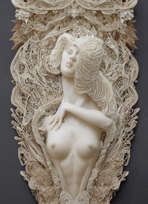 Image similar to romantic marble sculpture of beautiful woman, glistening, mandelbulb, hypercube, ivory carving, fractal paisley inlay, lace, intricate, elegant, highly detailed, gold inlay, metallic, ivory, artgerm, lace, by ruan jia and greg rutkowski