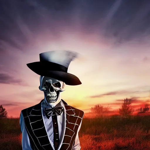 Prompt: Photograph of skeleton wearing a suit and top hat at sunset. cinematic, hyper realism, high detail