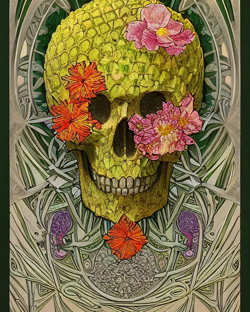 Prompt: centered Carved ancient skull with pineapple leaves growing out of the top art surrounded by varities of flowers, cell shading, voronoi, fibonacci sequence, sacred geometry by Alphonse Mucha, Moebius, hiroshi yoshida, Art Nouveau, colorful, ultradetailed, vivid colour, 3d