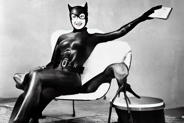 Image similar to publicity photograph of Catwoman on a lounge chair