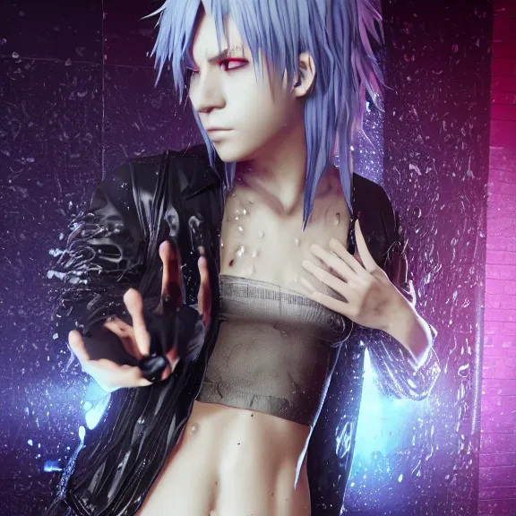 Prompt: 3 d render of a smug emo anime boy in a wet see - through crop top, fantasy artwork, fluffy hair, mid - shot, award winning, hyper detailed, very very very beautiful, studio lighting, artstation, unreal engine, unreal 5, 4 k, octane renderer