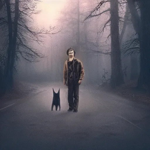 Prompt: Ryan Gosling holding a cute caracal, in style of stranger things by Aron Wiesenfeld and beksincki, cinematic, detailed illustration, nature, fog, dark colors, suspense, intricate, 8k