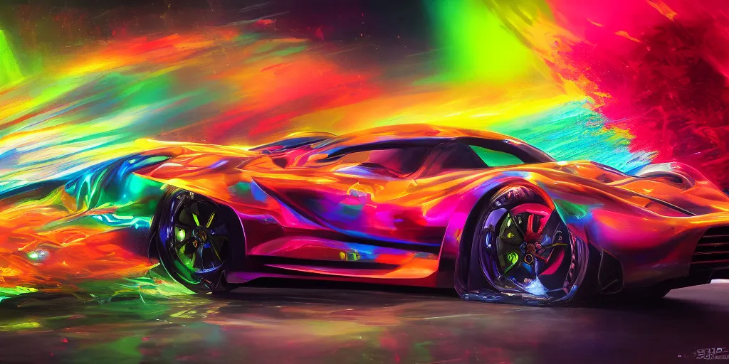 Image similar to full view of a sport car, painted in many bright colors holographic pearlescent, elegant, digital painting, concept art, smooth, sharp focus, art style from Wang Ke and Greg Rutkowski and Bruce Kaiser and Scott Robertson and Dmitry Mazurkevich and Doruk Erdem and Jon Sibal, small style cue from Blade Runner