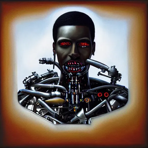 Image similar to a realistic oil painting of a black man as a cybernetic cyborg, surrealism portrait, surrealism album cover