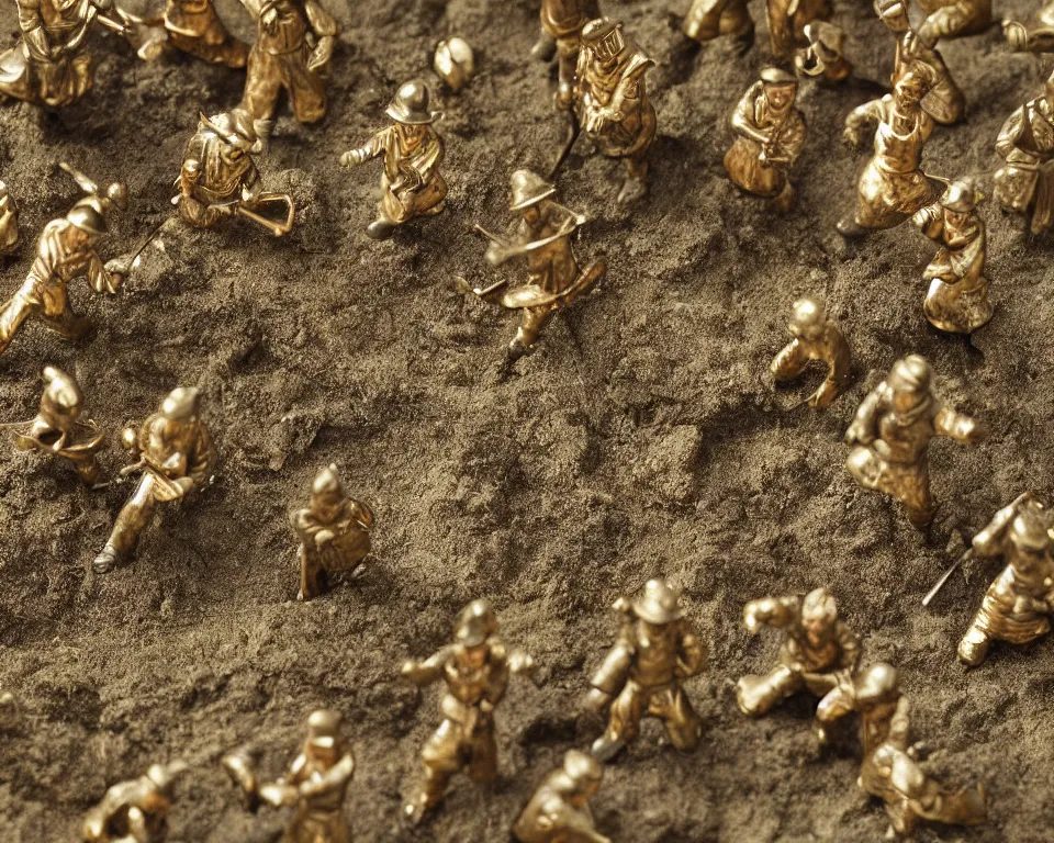 Image similar to close-up, hi-res photo of miniature tin soldiers navigating a zen garden.