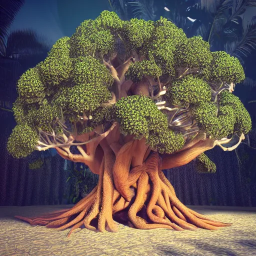 Prompt: fractal banyan tree, tropical, flowers, hyper detailed, volumetric lighting, octane render