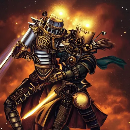 Image similar to steampunk warrior dueling a knight, space, fiery, galaxy, war