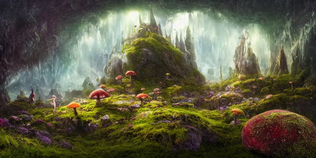 Image similar to surreal fairyland scenery landscape, lord of the rings, aurora borealis, mist, monoliths, flowers, mushroom structures, moss highly detailed, vivid color, perfect lighting, perfect composition, 8 k, brian froud, artgerm, derek zabrocki, greg rutkowski