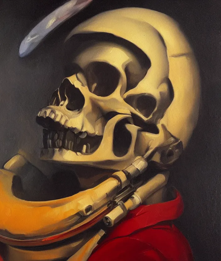 Prompt: a portrait of an astronaut with a skull head, highly detailed oil painting by josep tapiro baro and edward hopper, trending on artstation, oil painting masterpiece, mysterious, very aesthetic, cinematic and dramatic red light, 4 k,