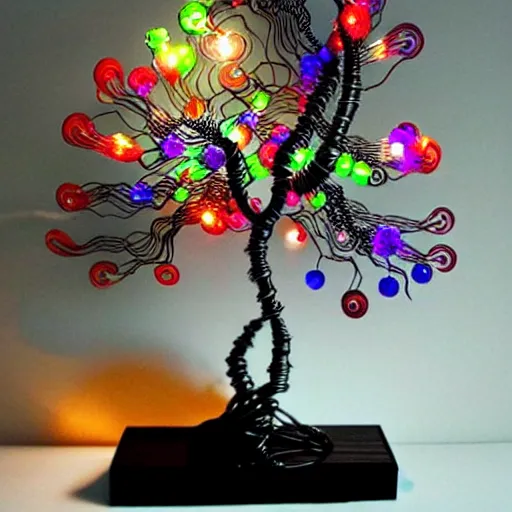 Image similar to intricate wire tree with agate accents, delicate, magnificent design, masterpiece, colorful, surreal, elaborate, dramatic lighting