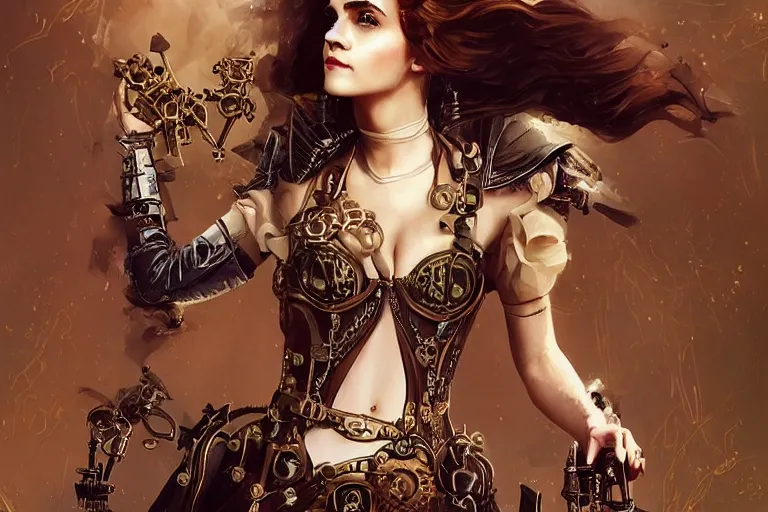 Image similar to three-quarters pose portrait of Emma Watson as a beautiful Lady Mechanika, very beautiful young woman, ginger wavy hair, Victorian-era push-up underwire. Intricate, steampunk imagery themed, D&D!, fantasy style, sharp focus!, ultra detailed, art by Artgerm and Peter Andrew Jones