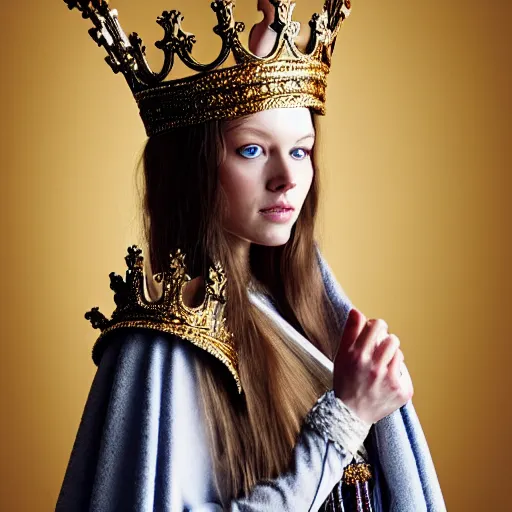 Prompt: photo of a real-life very beautiful nordic princess with an ornate cloak and crown, highly detailed