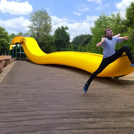 Image similar to boss ross screaming on a giant yellow slide