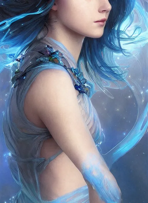 Prompt: a glowing blue sprite made of light flying through the air. she looks like a teenage girl and wears a long flowing dress. she is made of blue light and fades into light at the edges. her skin and hair are blue. beautiful fantasy art by artgerm and greg rutkowski and alphonse mucha