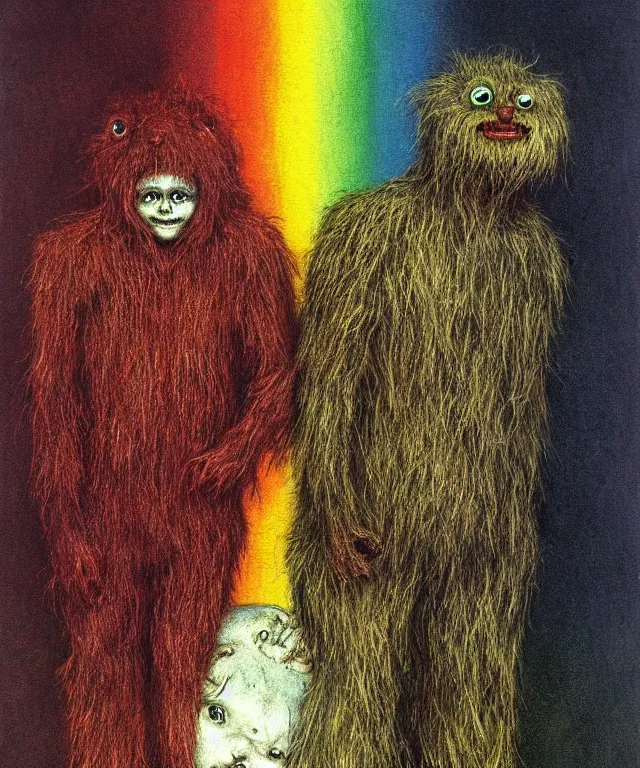 Image similar to a detailed creepy zippy bungle and george, characters from uk children's tv show rainbow! perfect faces, extremely high details, realistic, fantasy art, solo, masterpiece, art by zdzislaw beksinski, arthur rackham, dariusz zawadzki, hermann nitsch