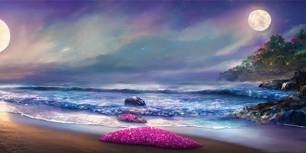 Prompt: a single glittering fairy beach cove at night full of crystals and magical glowing sea shells along the shore, a full moon, water and colorful flowers, extremely detailed oil painting, unreal 5 render, fantasy digital art, octane render, beautiful composition, trending on artstation, award-winning photograph, masterpiece