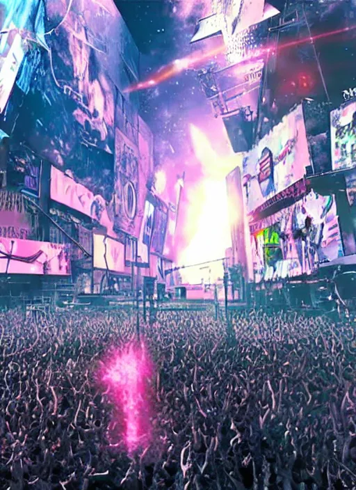 Image similar to pink floyd playing the wall live in a post apocalyptic times square, laser show, realistic, cinematic, 3d render, post produced