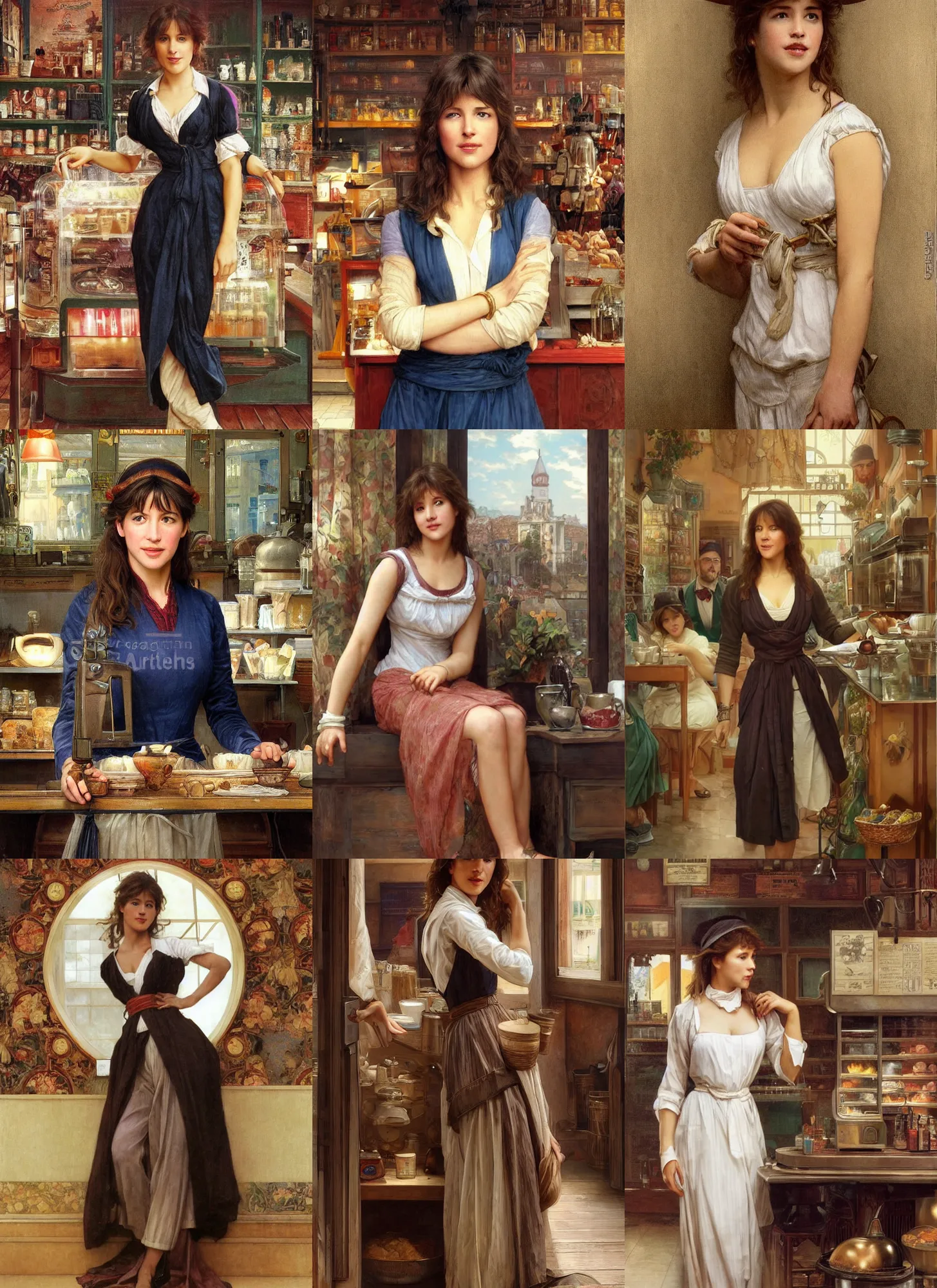 Prompt: portrait young sophie marceau as hot shopkeeper in a coffee shop, full length shot, shining, 8 k highly detailed, sharp focus, illustration, art by artgerm, mucha, bouguereau