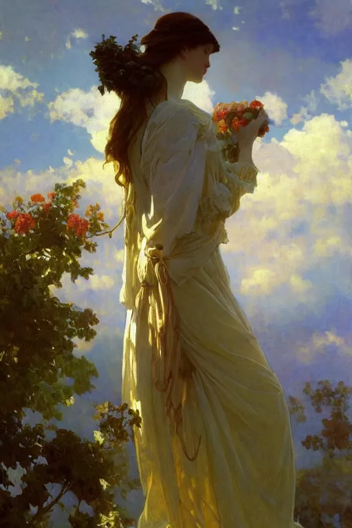 Image similar to nomans sky, Ilya repin, alphonse mucha, and Edmund Blair Leighton A meaningful painting in an symbolist style, oil on canvas, baroque, beautiful lighting, trending on Artstation, Highly detailed