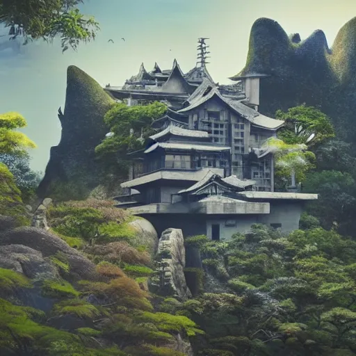 Prompt: Brutalist Japanese castle by Gaudi, Eden at Dawn, amazing cinematic concept painting, by Jessica Rossier , Gleaming White, overlooking a valley, Himeji Rivendell Garden of Eden, wildflowers and grasses, terraced orchards and ponds, lush fertile fecund, fruit trees, birds in flight, animals wildlife