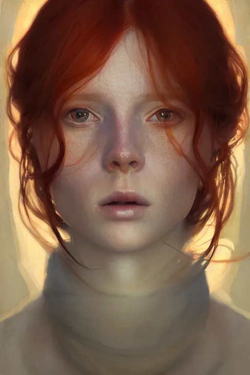 Image similar to of beautiful redhead female, beauty portrait by greg rutkowski, hilma af klint, moebius, victo ngai, sharp focus, global illumination, highly detailed, masterpiece, award winning, post processing