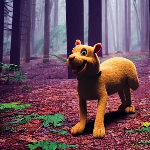 Image similar to realistic photograph of scooby doo walking in the forest, national geographic, 8 k, cinematic, nature