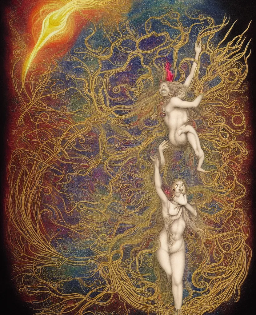 Image similar to at bifrost, a whimsical wild child creature radiates a unique canto'as above so below'while being ignited by the spirit of haeckel and robert fludd, breakthrough is iminent, glory be to the magic within, in honor of venus, painted by ronny khalil