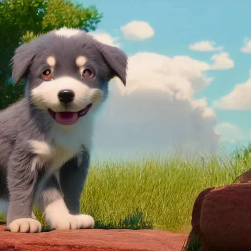 Prompt: a wholesome animation key shot of a grey and copper colored australian shepherd puppy, studio ghibli, pixar and disney animation, sharp, rendered in unreal engine 5, anime key art by greg rutkowski, bloom, dramatic lighting