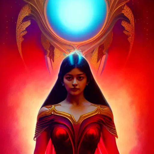 Image similar to liza soberano as darna, volumetric lights, red and cyan theme, art nouveau botanicals, intricate, highly detailed, digital painting, artstation, concept art, smooth, sharp focus, cinematic, illustration, beautiful face, art by artgerm and greg rutkowski and alphonse mucha